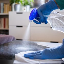 surface home cleaning spraying antibacterial sanitizing spray bottle disinfecting against COVID-19 spreading wearing medical blue gloves. Sanitize surfaces prevention in hospitals and public spaces.